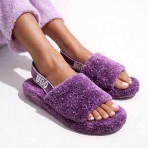 NWOB UGG Women's Oh Yeah‎ Purple Glitter Fluff Slingback Sandal Slides US 7